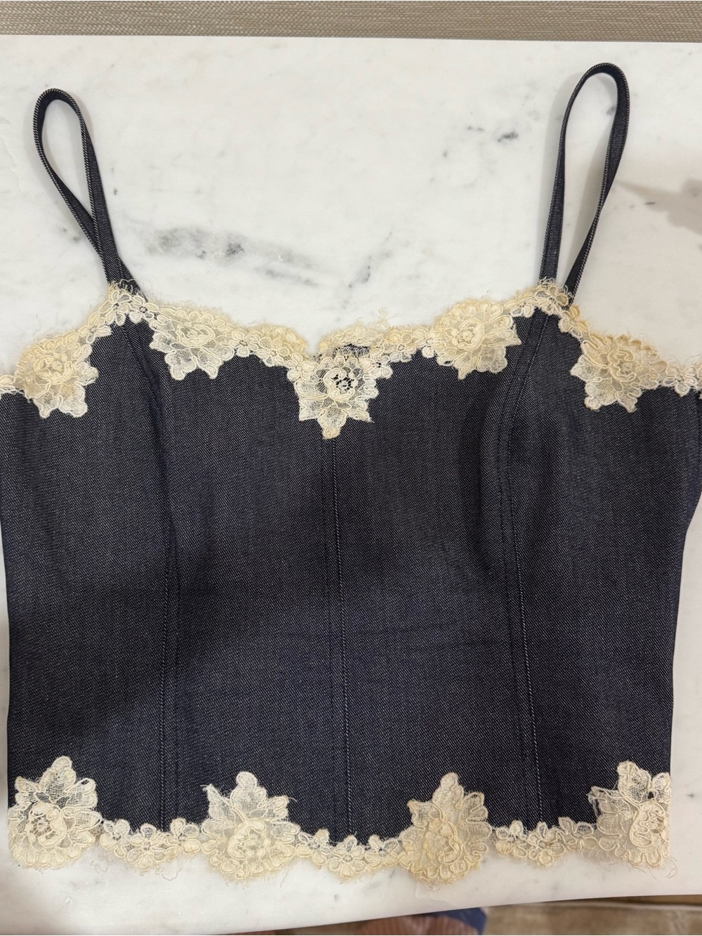 Lace-Trim Denim Cami Top - Navy & Cream